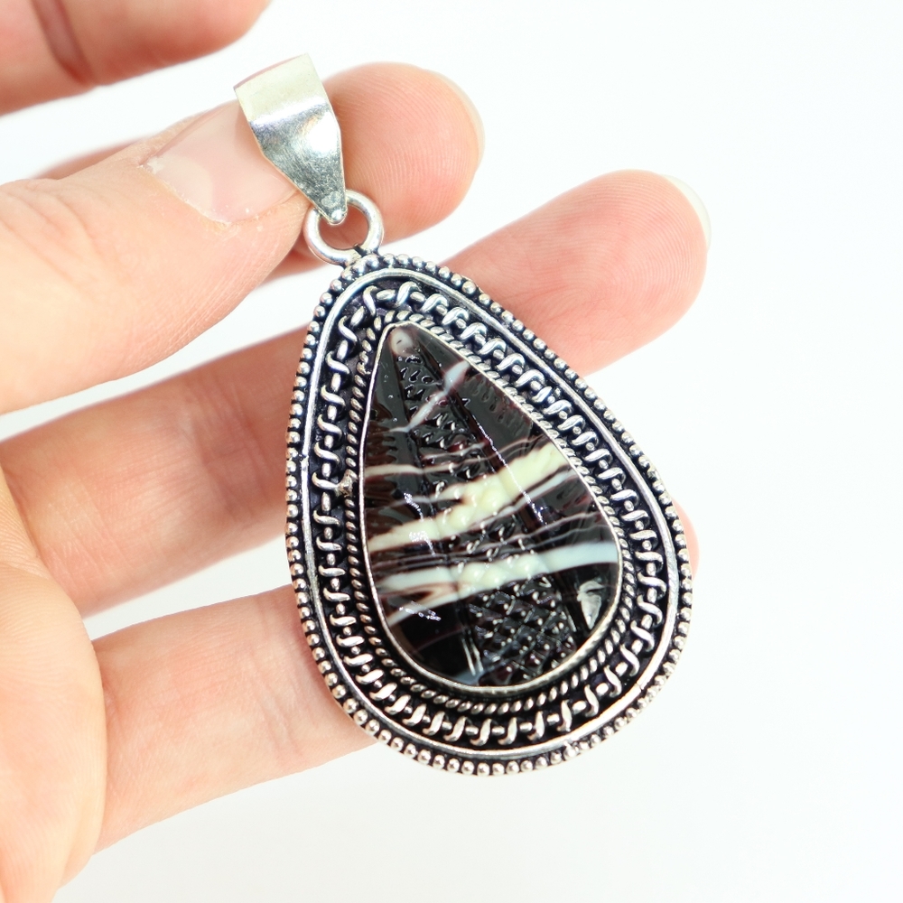 Sterling Silver Plated Carved Agate Pendant